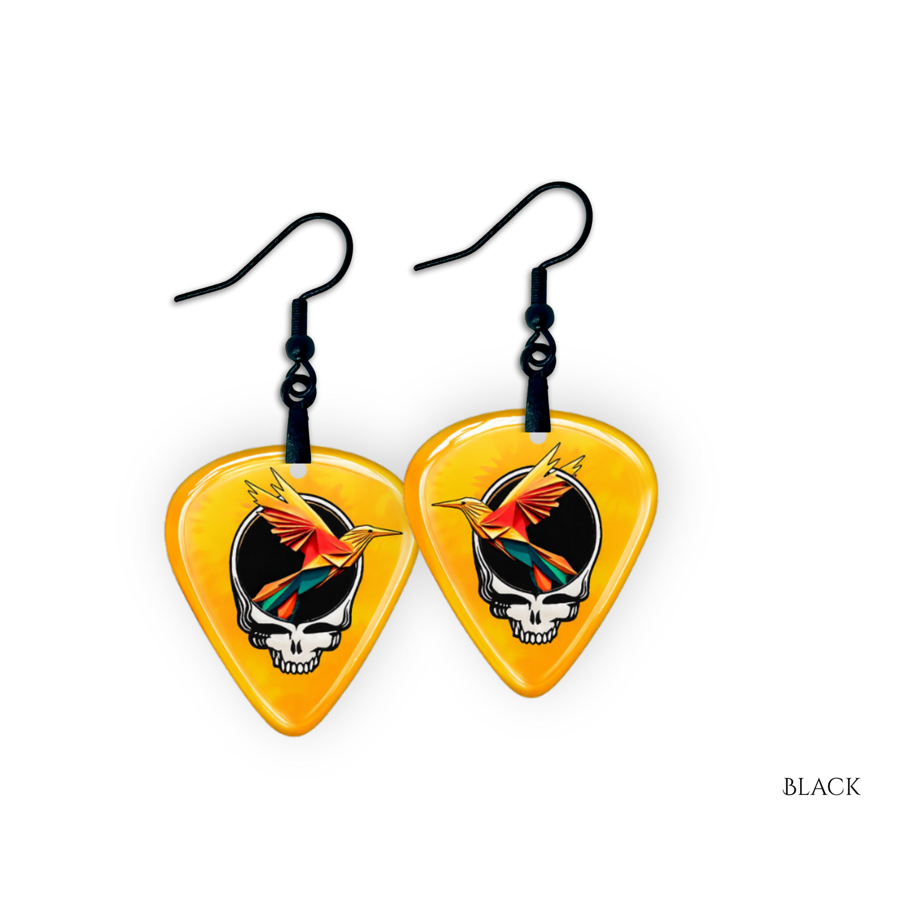 Golden Road Flight jewelry set featuring yellow glossy guitar pick design with the golden road festival bird and Steal Your Face logo.