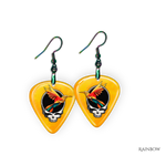 Golden Road Flight earrings featuring yellow glossy guitar pick design with the golden road festival bird and Steal Your Face logo.
