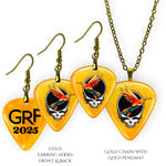 Front and back view of GRF – Golden Road Flight jewelry set featuring yellow glossy guitar pick design with the golden road festival bird and Steal Your Face logo.