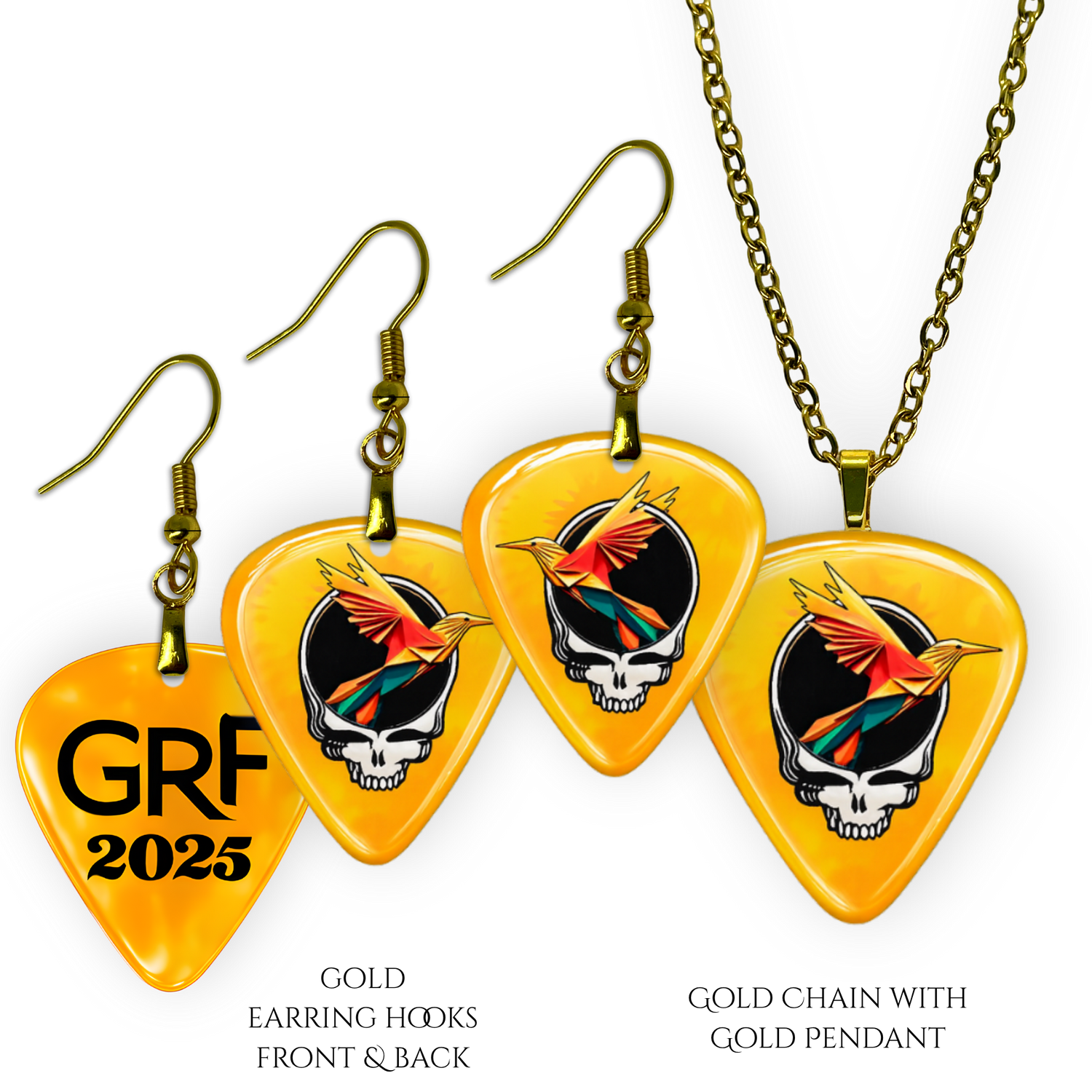 Front and back view of GRF – Golden Road Flight jewelry set featuring yellow glossy guitar pick design with the golden road festival bird and Steal Your Face logo.