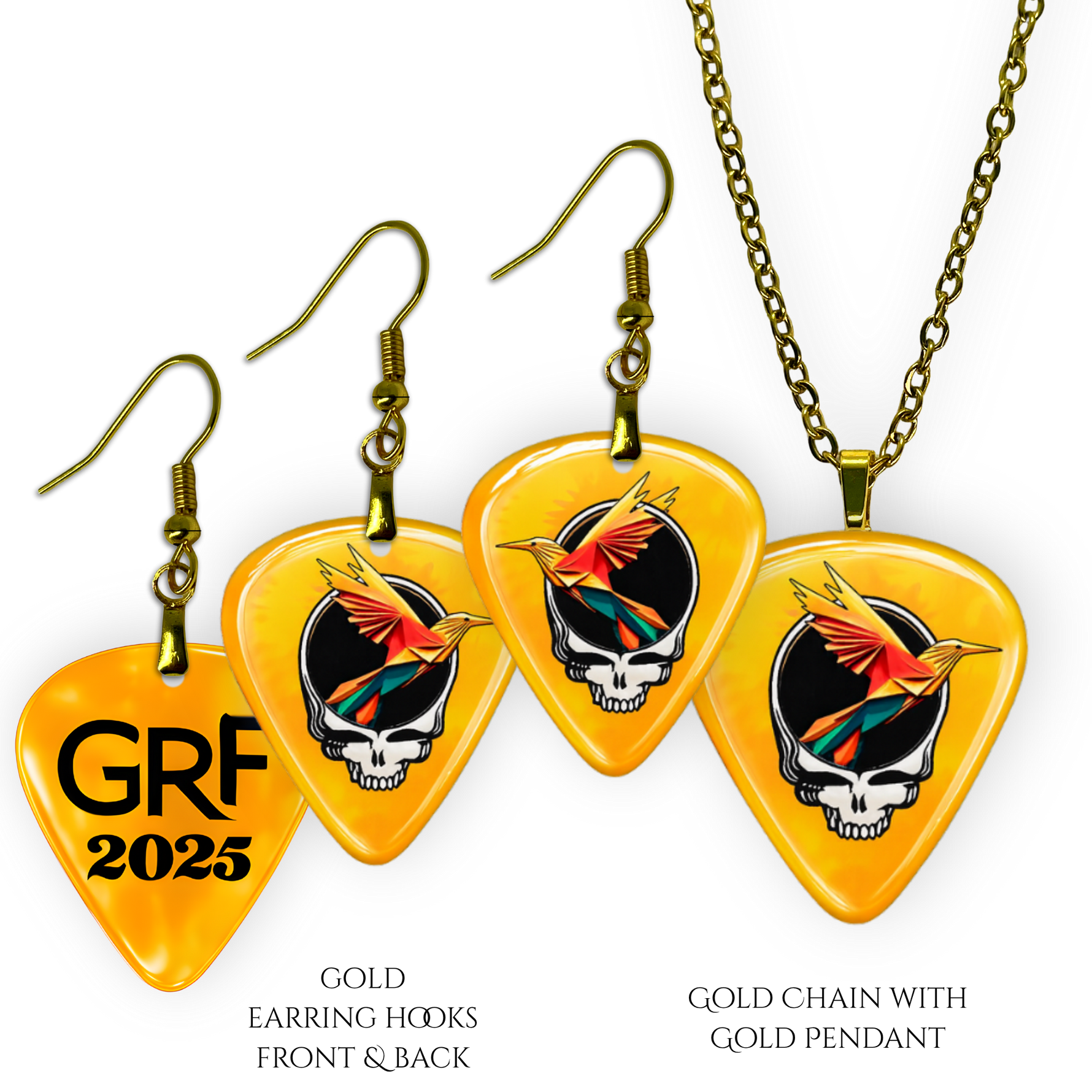 Front and back view of GRF – Golden Road Flight jewelry set featuring yellow glossy guitar pick design with the golden road festival bird and Steal Your Face logo.