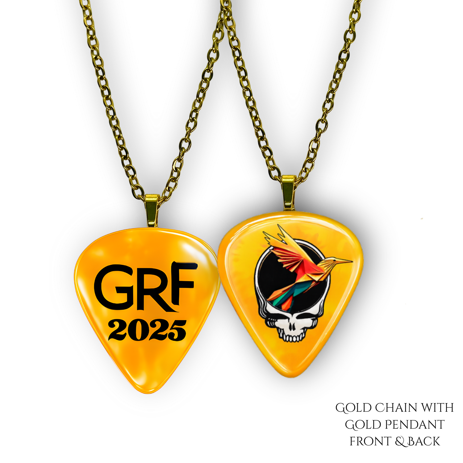 Front and back view of GRF – Golden Road Flight necklace featuring yellow glossy guitar pick design with the golden road festival bird and Steal Your Face logo.
