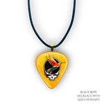 Golden Road Flight necklace featuring yellow glossy guitar pick design with the golden road festival bird and Steal Your Face logo.