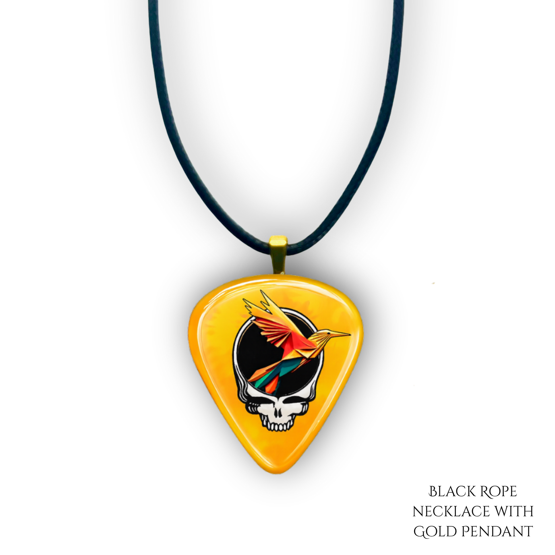 Golden Road Flight necklace featuring yellow glossy guitar pick design with the golden road festival bird and Steal Your Face logo.
