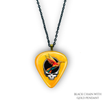 Golden Road Flight necklace featuring yellow glossy guitar pick design with the golden road festival bird and Steal Your Face logo.