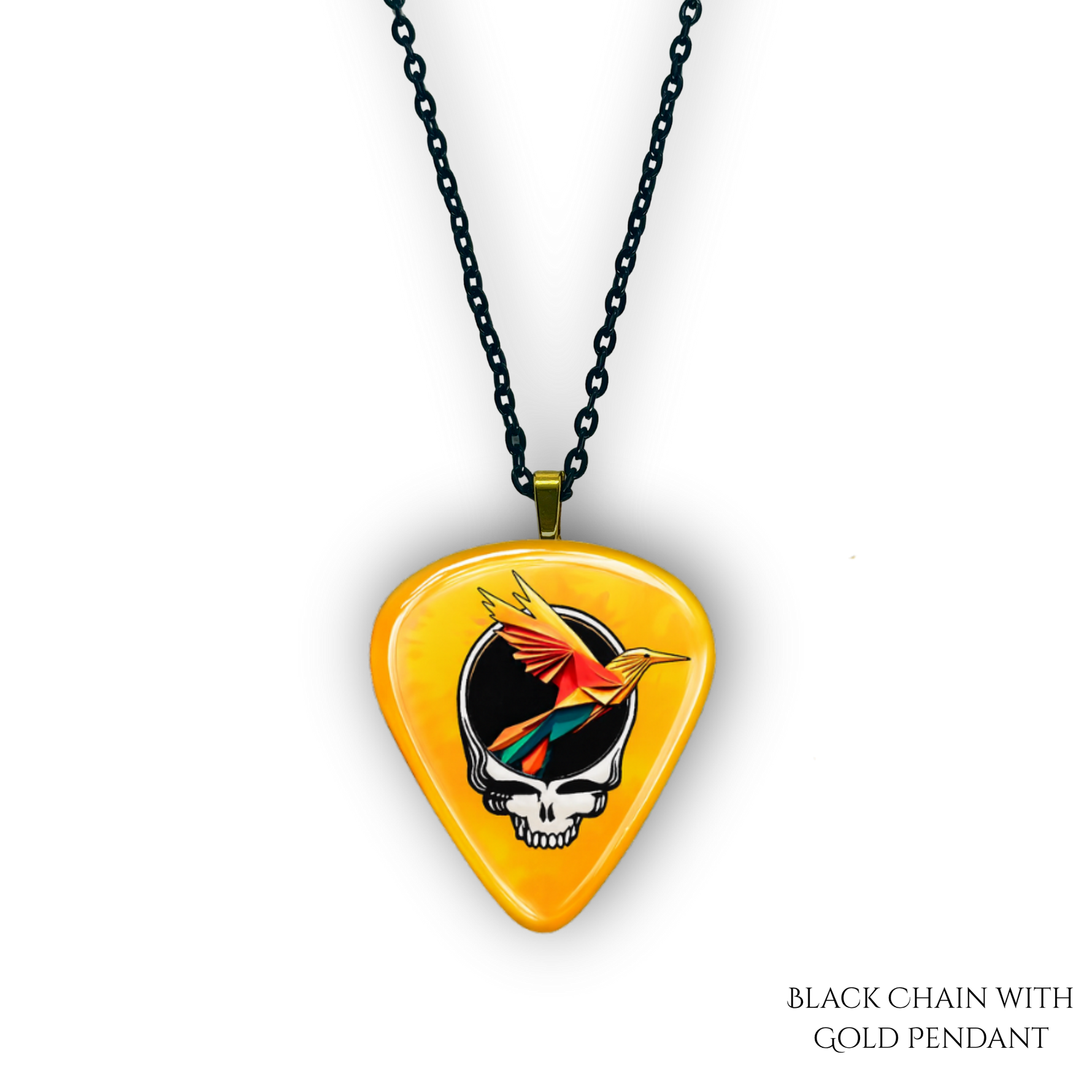 Golden Road Flight necklace featuring yellow glossy guitar pick design with the golden road festival bird and Steal Your Face logo.