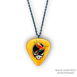 Golden Road Flight necklace featuring yellow glossy guitar pick design with the golden road festival bird and Steal Your Face logo.