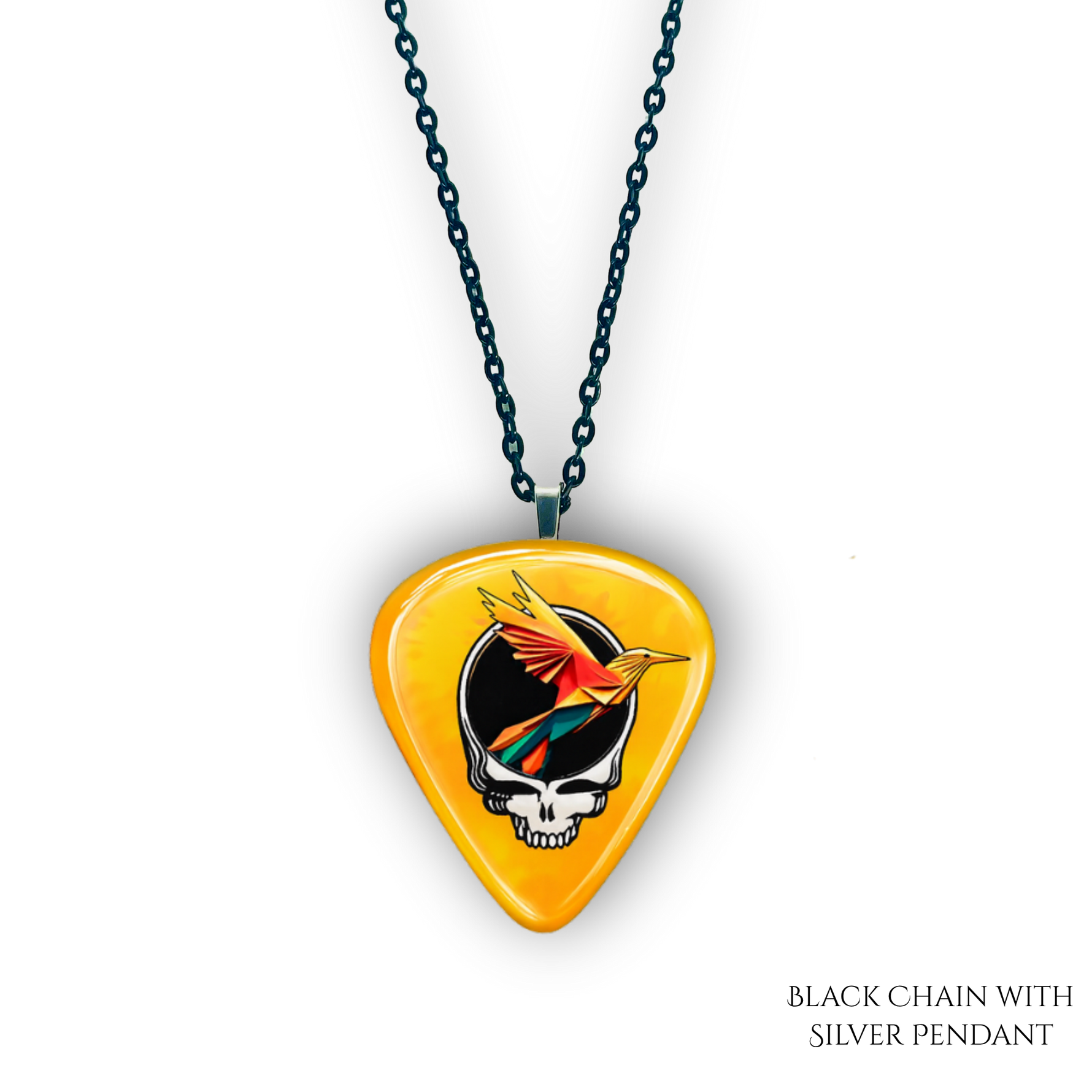 Golden Road Flight necklace featuring yellow glossy guitar pick design with the golden road festival bird and Steal Your Face logo.
