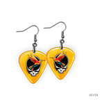 Golden Road Flight earrings featuring yellow glossy guitar pick design with the golden road festival bird and Steal Your Face logo.
