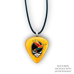 Golden Road Flight necklace featuring yellow glossy guitar pick design with the golden road festival bird and Steal Your Face logo.