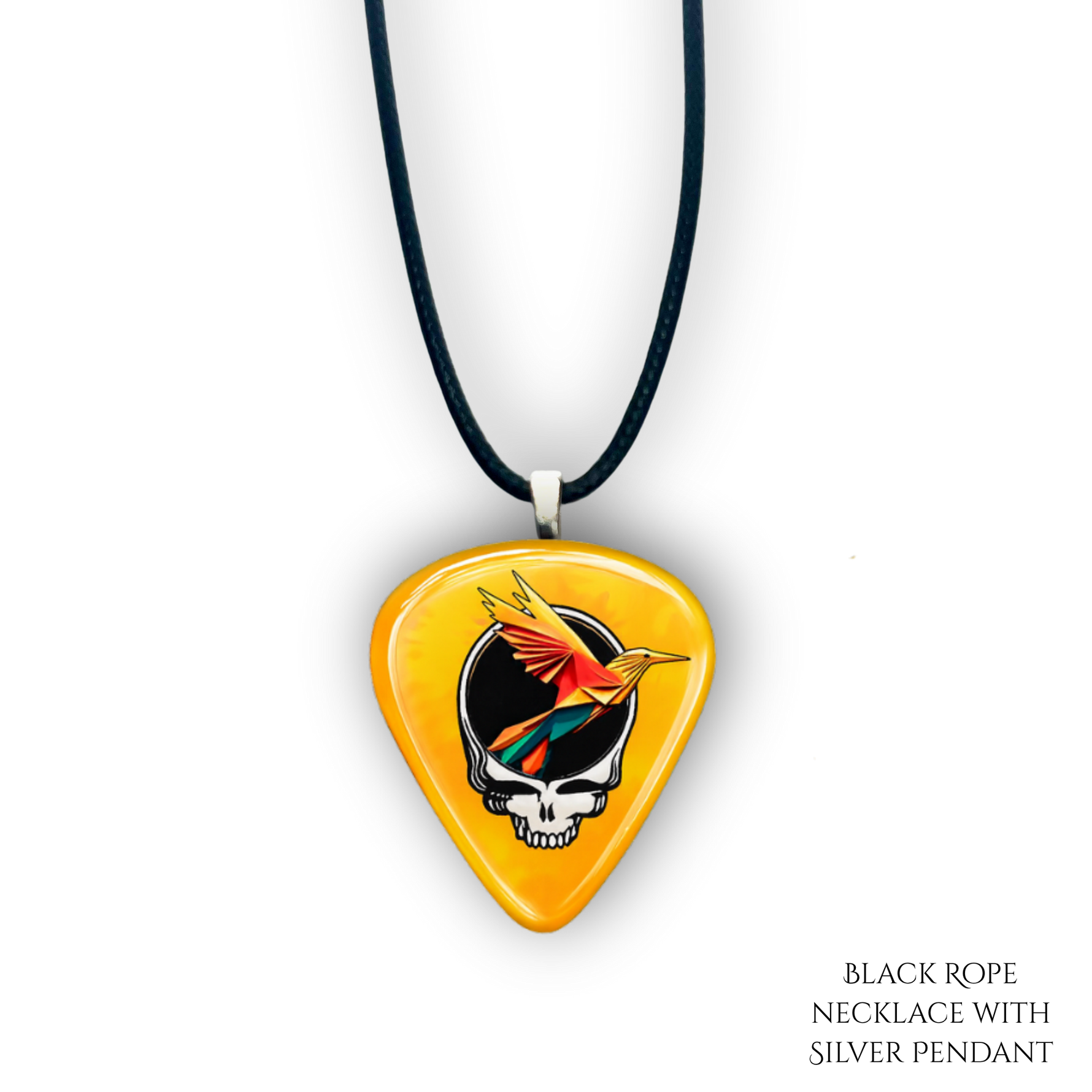 Golden Road Flight necklace featuring yellow glossy guitar pick design with the golden road festival bird and Steal Your Face logo.