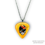 Golden Road Flight necklace featuring yellow glossy guitar pick design with the golden road festival bird and Steal Your Face logo.