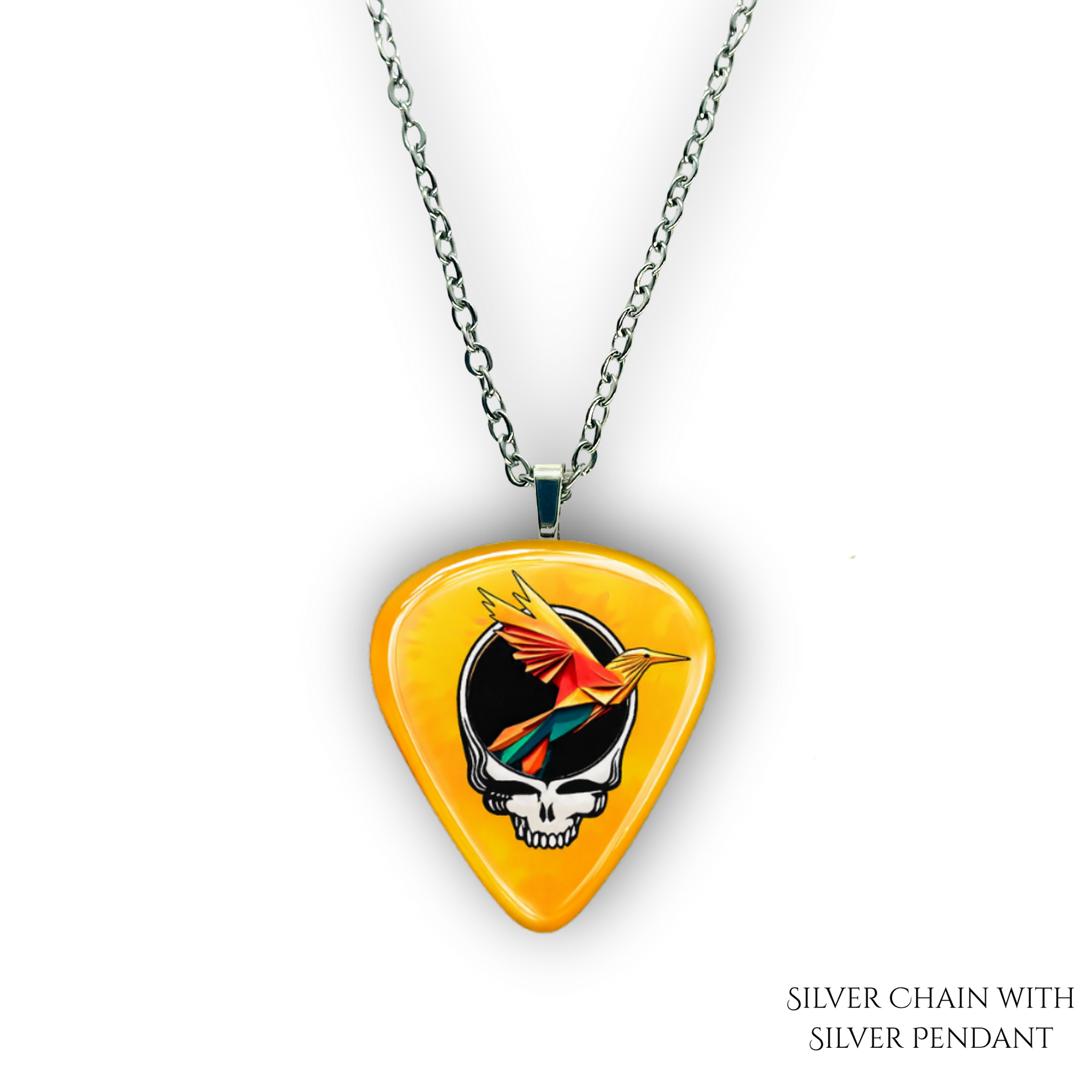 Golden Road Flight necklace featuring yellow glossy guitar pick design with the golden road festival bird and Steal Your Face logo.