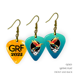 Ocean Flight Earrings featuring teal glossy guitar pick design with the Golden Road Festival bird and Steal Your Face artwork.