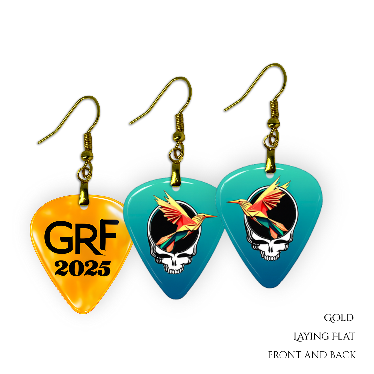 Ocean Flight Earrings featuring teal glossy guitar pick design with the Golden Road Festival bird and Steal Your Face artwork.