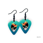 Ocean Flight earrings featuring teal glossy guitar pick design with the Golden Road Festival bird and Steal Your Face artwork.