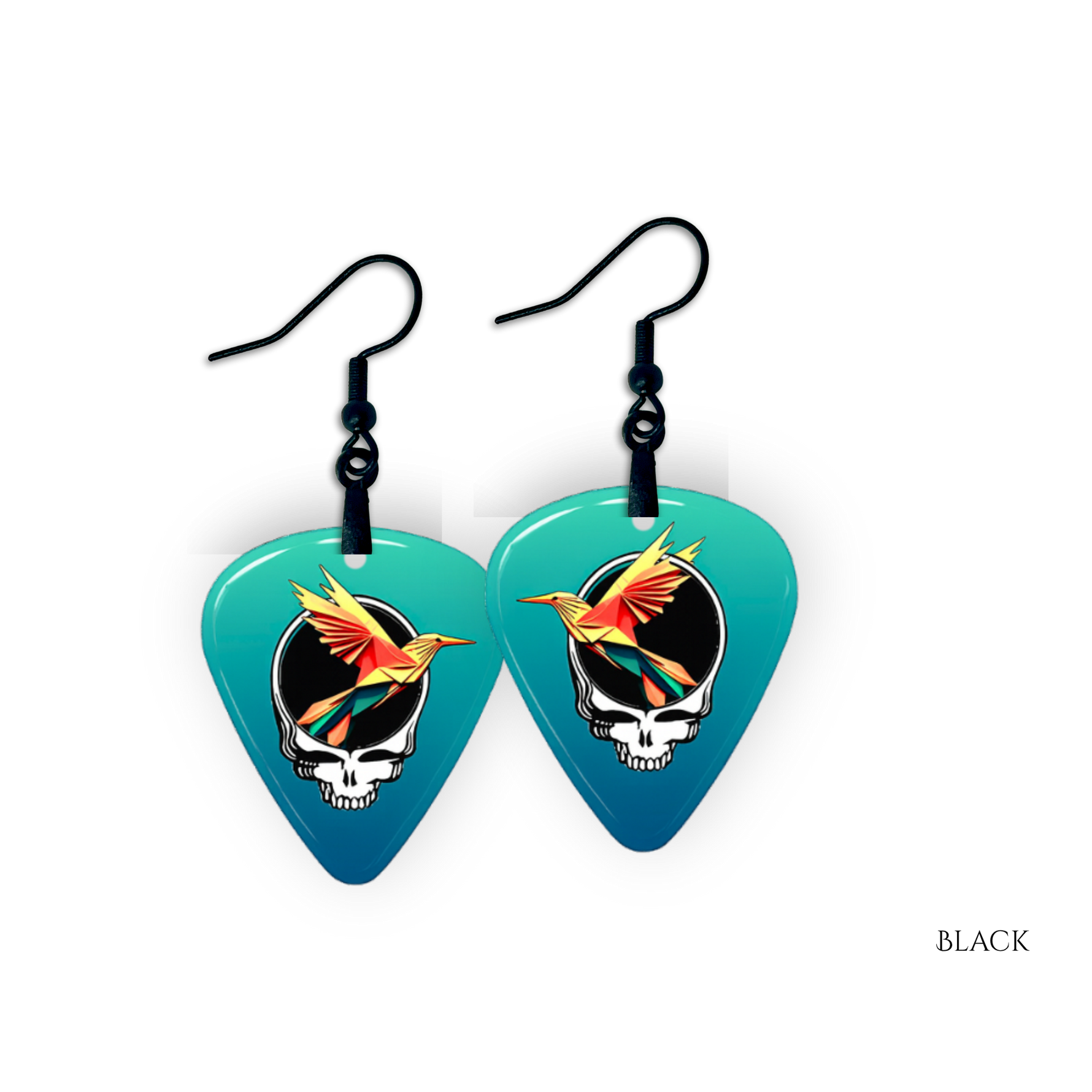Ocean Flight earrings featuring teal glossy guitar pick design with the Golden Road Festival bird and Steal Your Face artwork.
