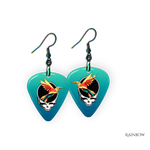Ocean Flight earrings featuring teal glossy guitar pick design with the Golden Road Festival bird and Steal Your Face artwork.