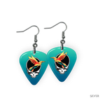 Ocean Flight earrings featuring teal glossy guitar pick design with the Golden Road Festival bird and Steal Your Face artwork.