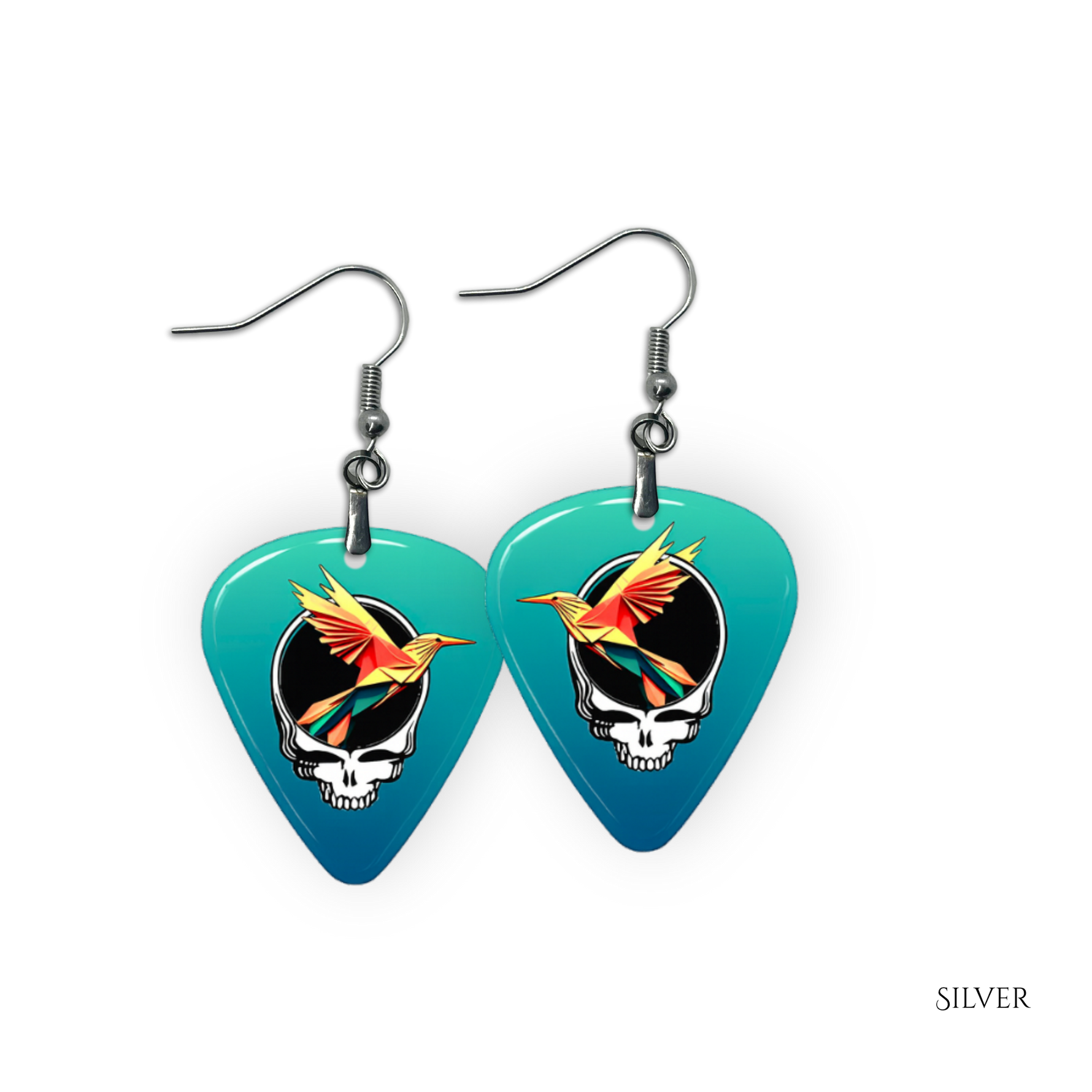 Ocean Flight earrings featuring teal glossy guitar pick design with the Golden Road Festival bird and Steal Your Face artwork.