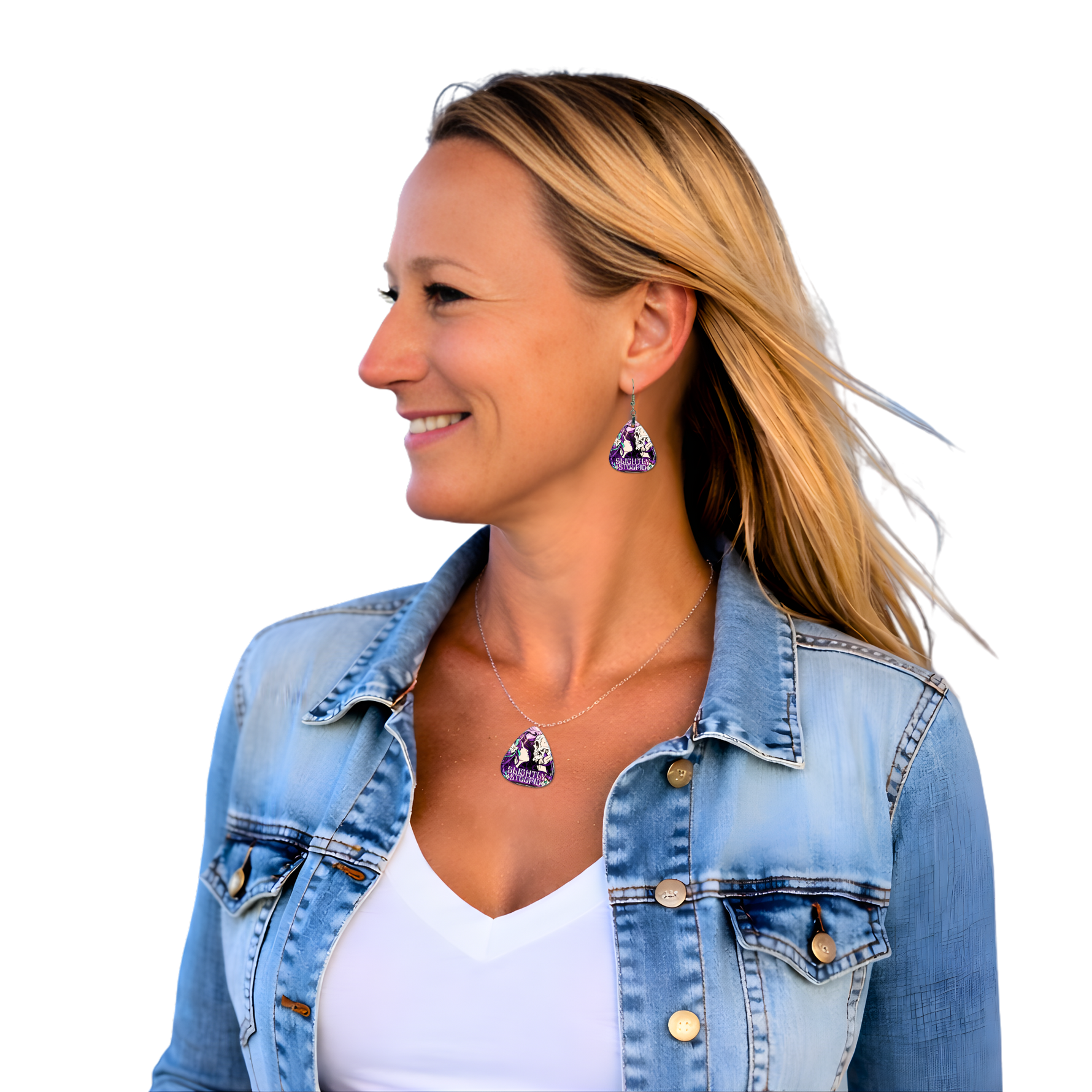 Woman wearing a denim jacket with purple Slightly Stoopid earrings and necklace on a white background