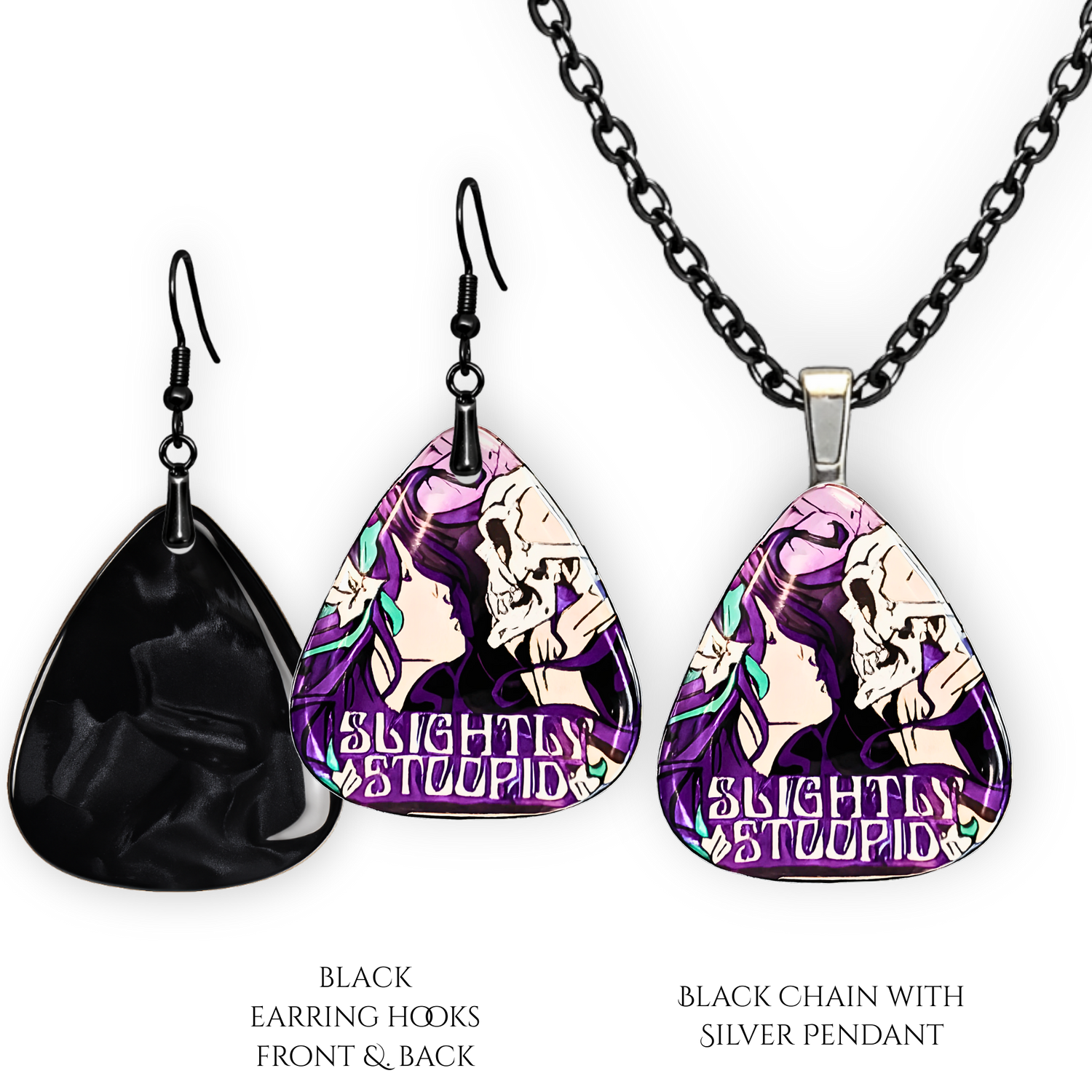 Slightly Stoopid teardrop-shaped pendant and earrings with 'Slightly Stoopid' design on a white background.