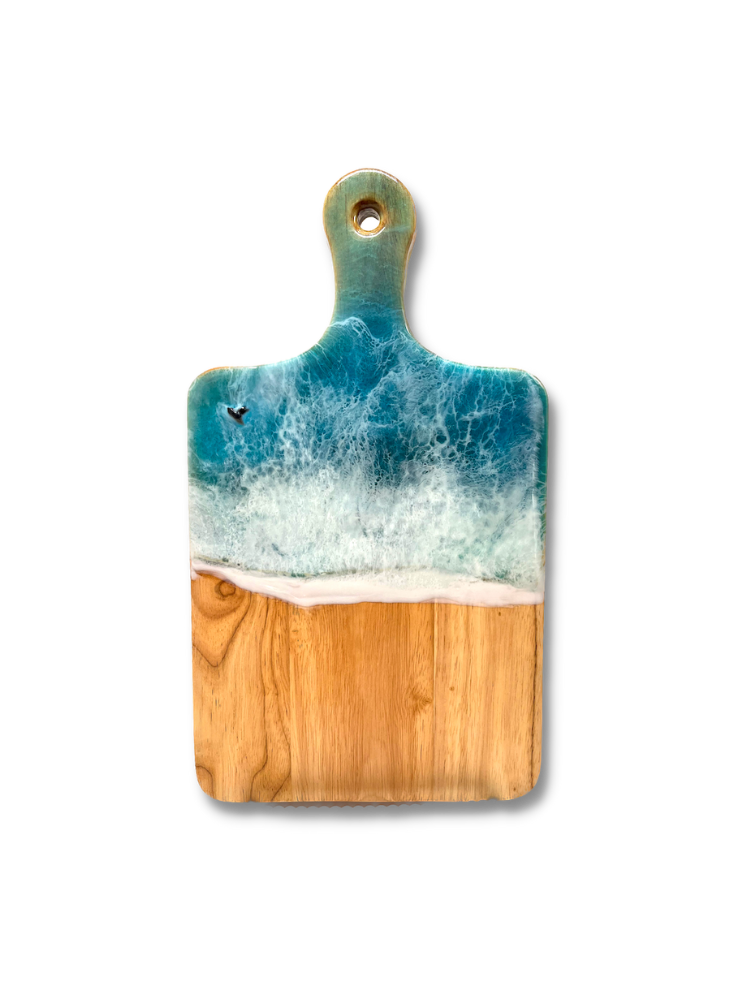 OCEAN INSPIRED WOODEN CHARCUTERIE BOARD with Resin Finish and Contoured Handle